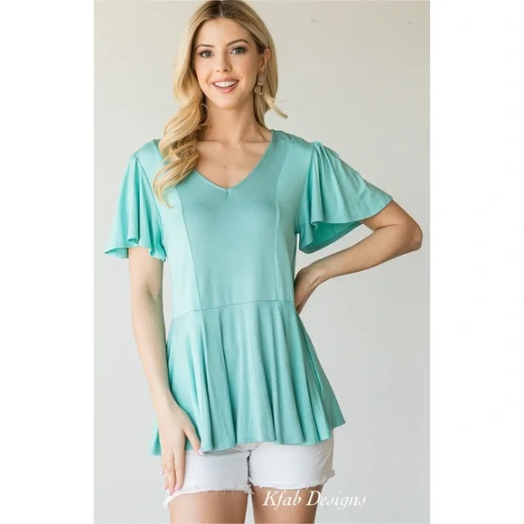 LAST 2! V Neck Ruffle Sleeve Monotone Color Block Fit and Flare Knit Top! - Picture 5 of 8
